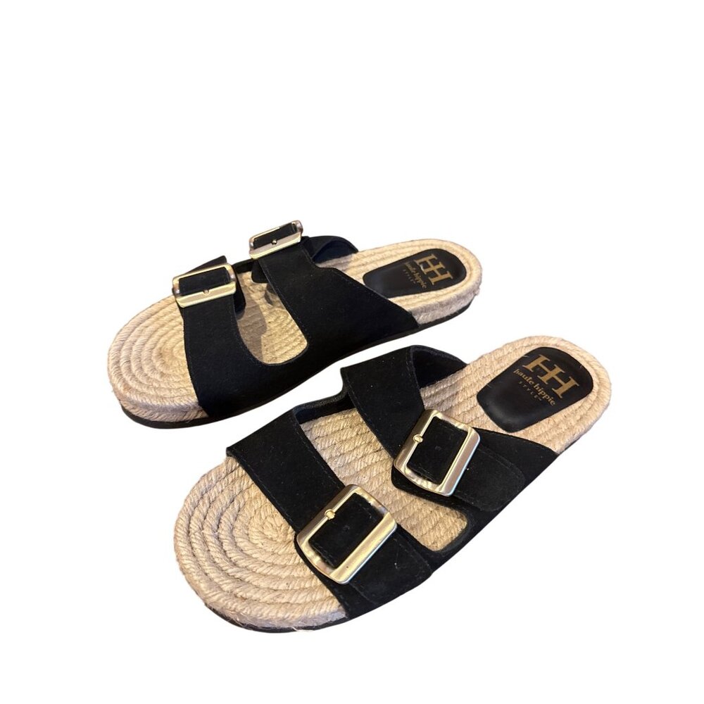 Haute Hippie Nikki Sandals Black Suede Espadrille Slide Buckle Straps Women 10M - Picture 3 of 10
